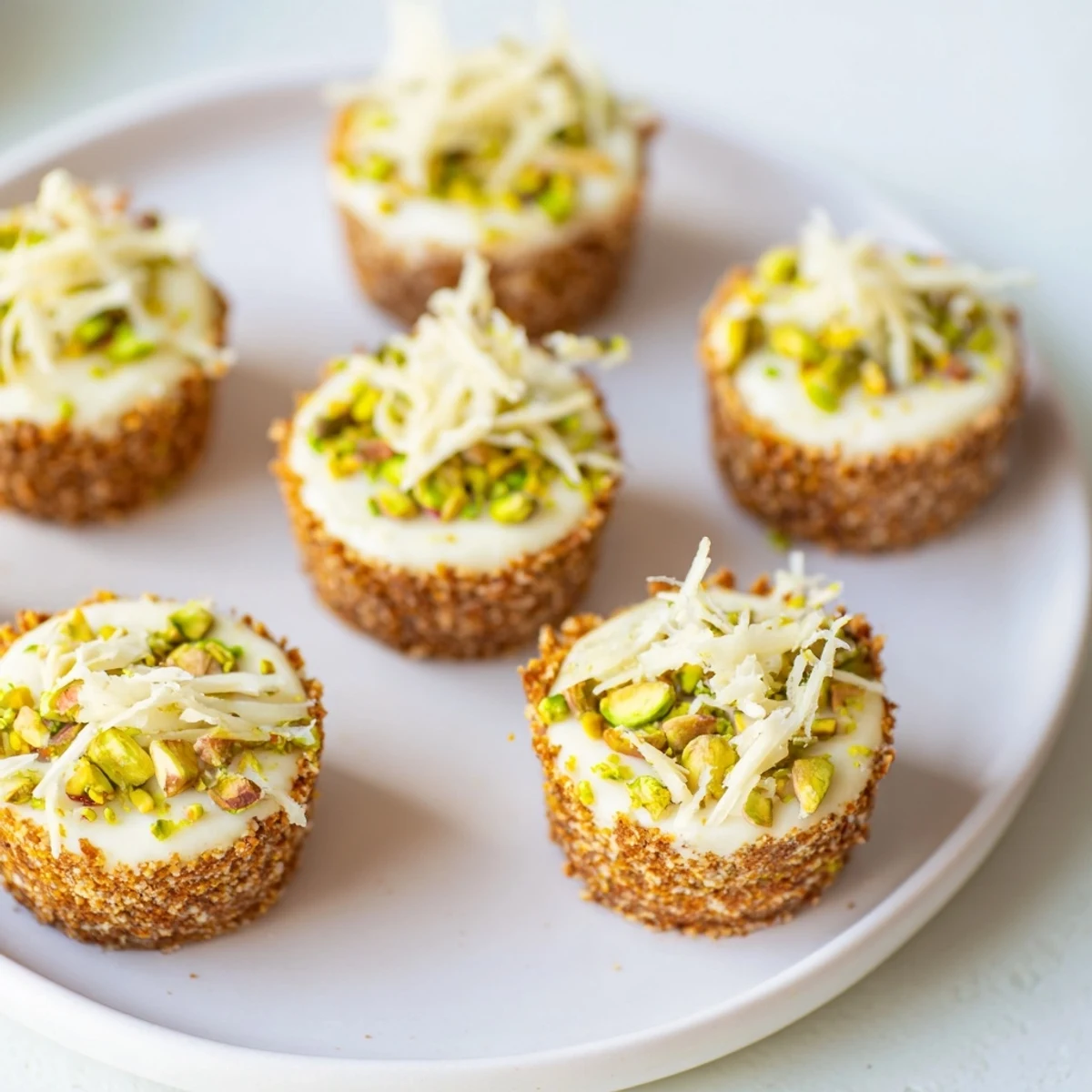 A close-up of delicious no-bake Pistachio Cheesecake Bites, showing the creamy filling and a crusty base.