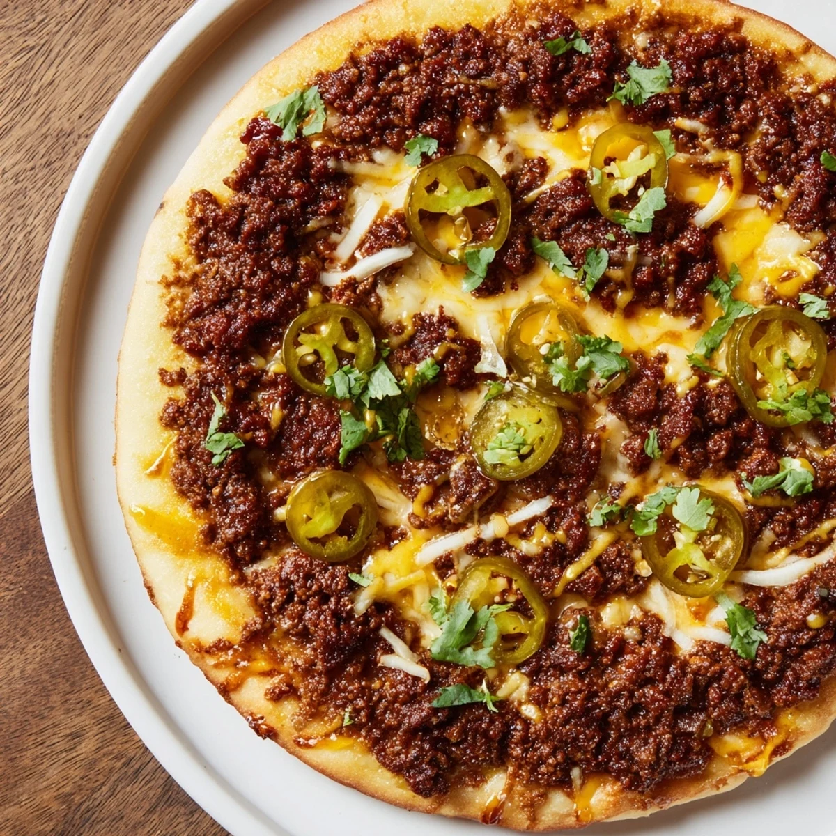 Vibrant photo of a Spicy Ground Beef Pizza, crispy crust, bubbly cheese, and chili-spiced ground beef.