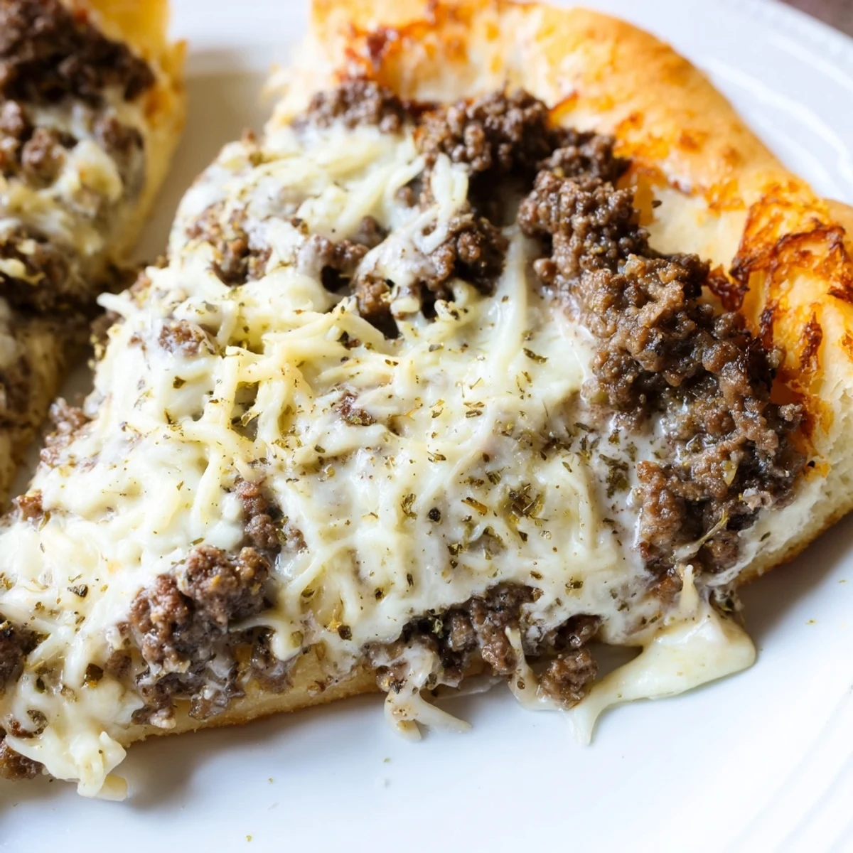 A close-up shot of the delicious Ground Beef Alfredo Pizza, ready to be sliced and devoured.