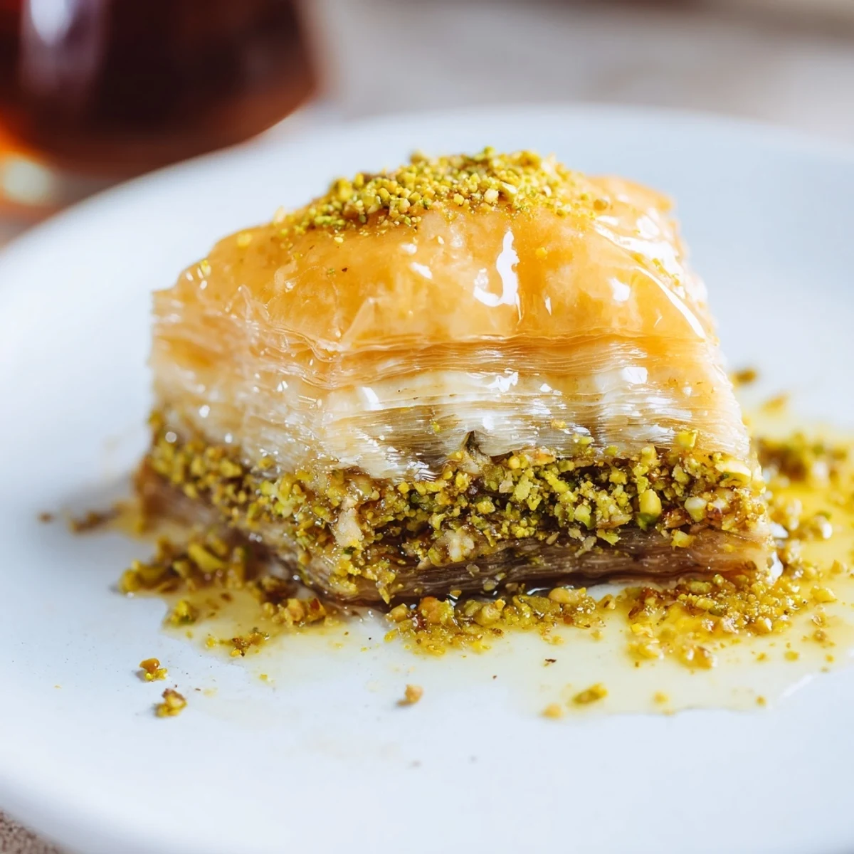 Golden, flaky Turkish Hazelnut & Pistachio Baklava, drenched in sweet honey syrup, ready to serve!