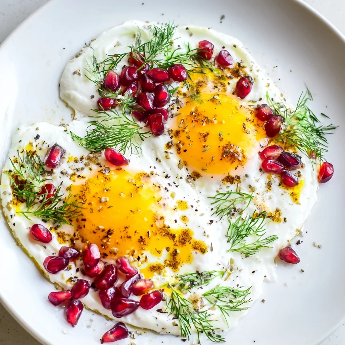 Vibrant Çılbır with runny yolks, sumac butter, and ruby pomegranate seeds ready to be served.