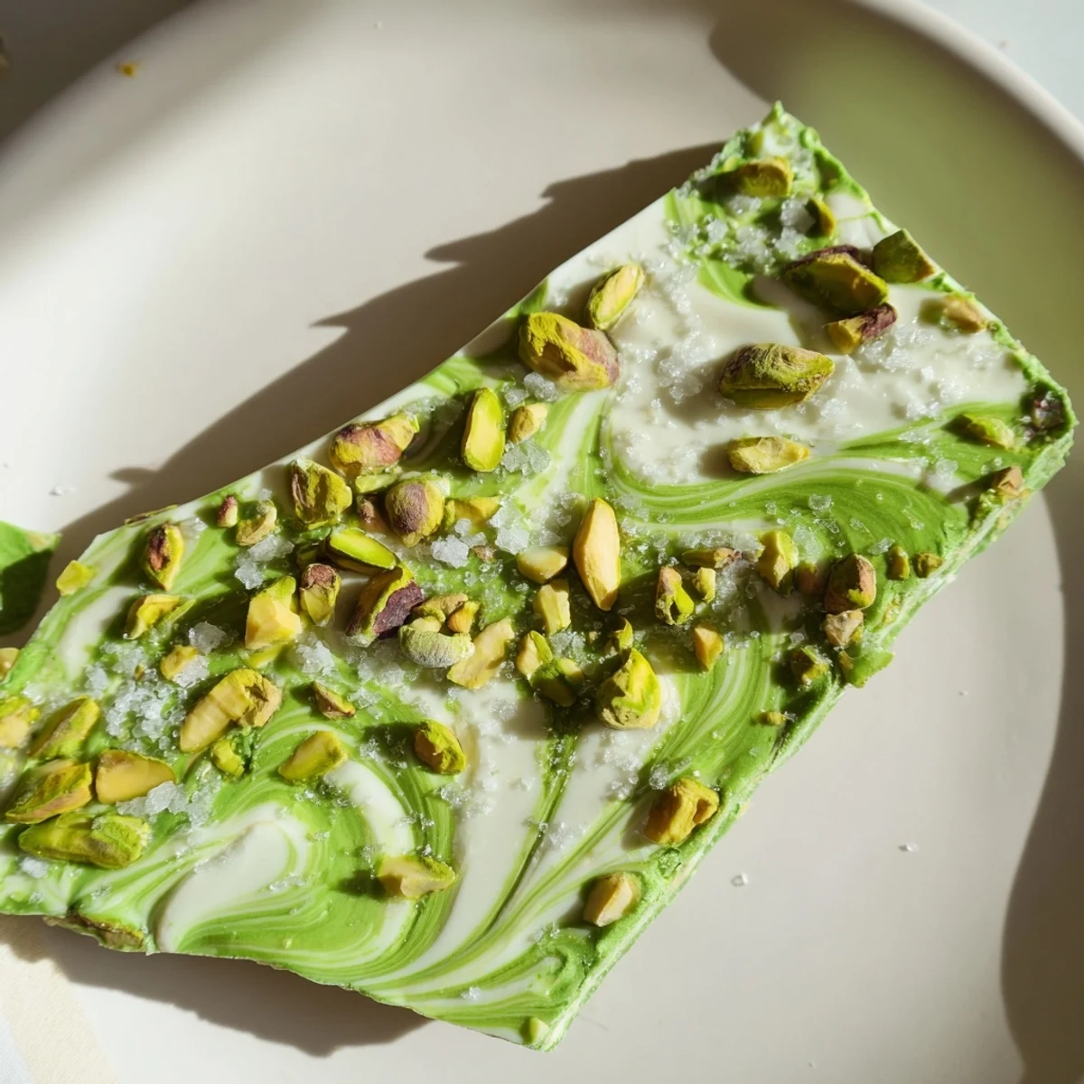 Close-up photo of the finished Pistachio Matcha White Chocolate bark, showing the beautiful textured details.
