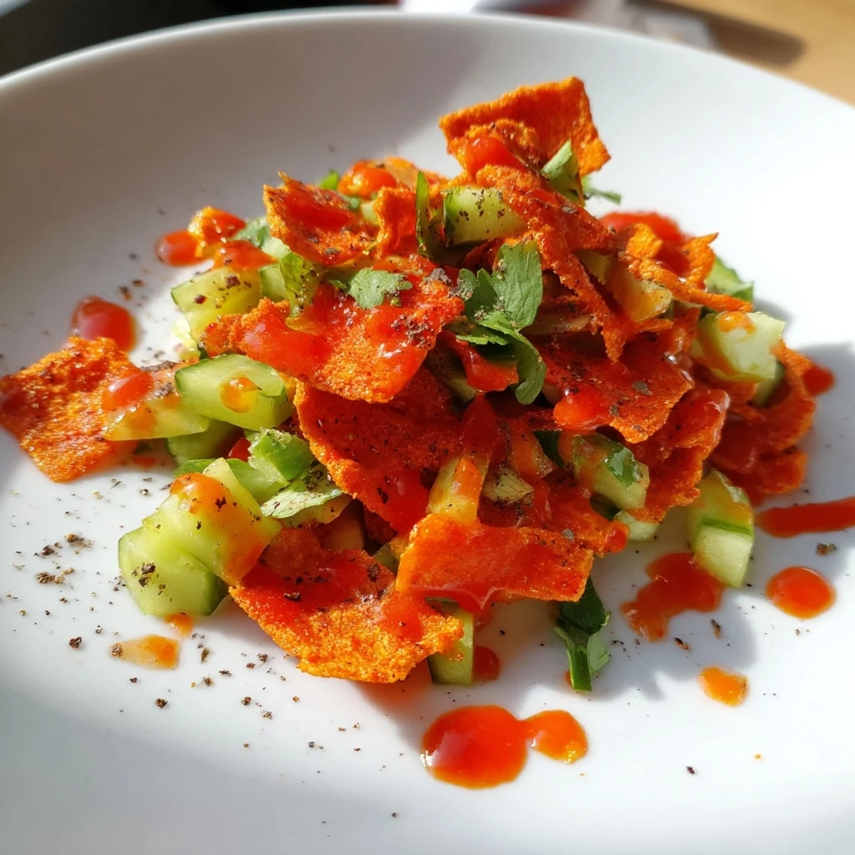 This vibrant bowl of Flamin Hot Cheeto Salad showcases juicy cucumber, with a hit of hot sauce.