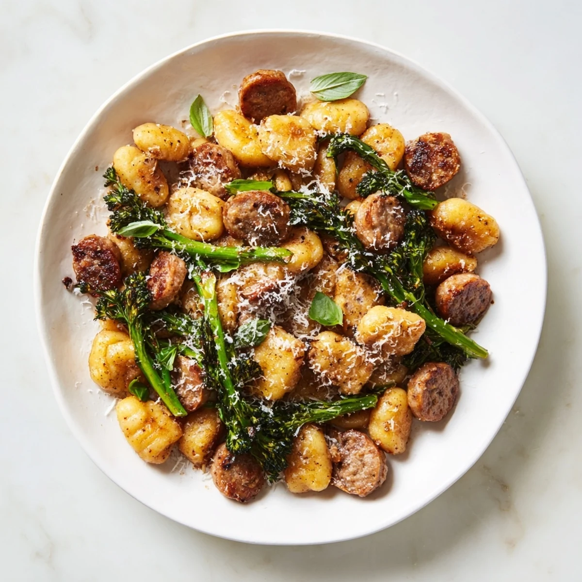 A rustic sheet pan image features perfectly roasted Sheet Pan Gnocchi Bake with flavorful Italian sausage.