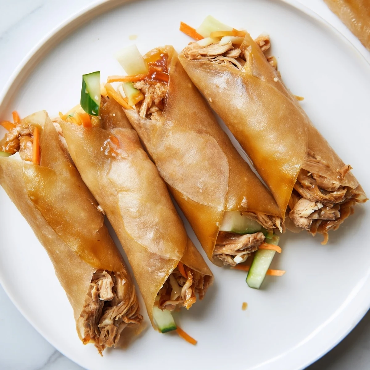 Golden, crispy Garlicky Pulled Chicken Wraps beautifully showcase tender chicken and fresh vegetables inside.