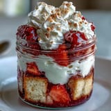 Layered strawberry shortcake trifle in mason jars with fresh berries and whipped cream.
