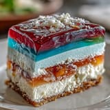 Beautifully layered Agar-Agar Rainbow Jelly Cake, bursting with fruity colors.