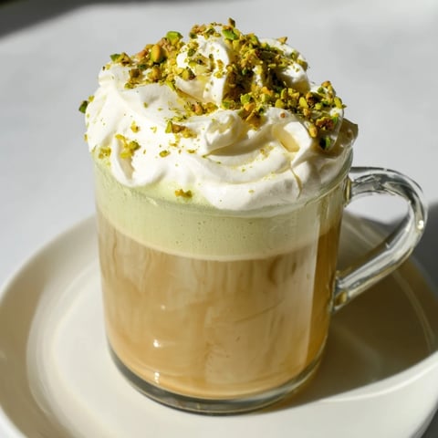 Steaming pistachio milk layered over espresso, forming a delicious pistachio latte.