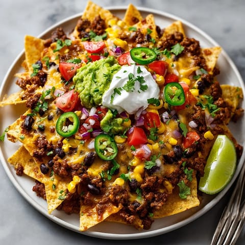Close-up of loaded nachos on a baking sheet, cheese bubbling and veggies scattered on top.