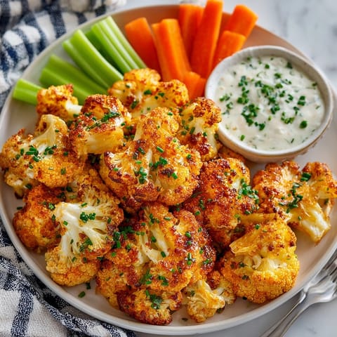 Golden Buffalo Cauliflower Wings coated in spicy sauce, paired with ranch and crunchy carrot sticks.