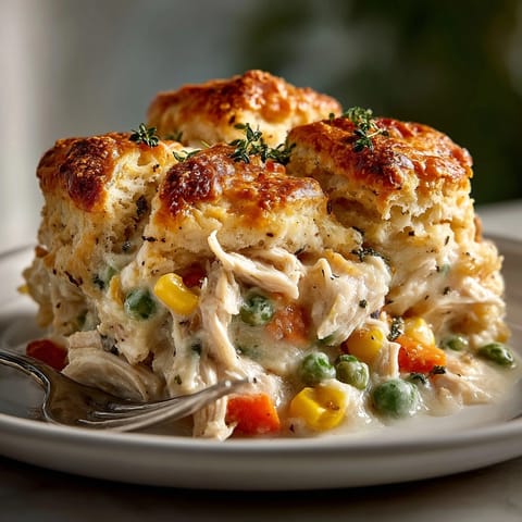 Hearty Cheesy Skillet Chicken Pot Pie Casserole with creamy vegetables under a crisp cheddar topping.