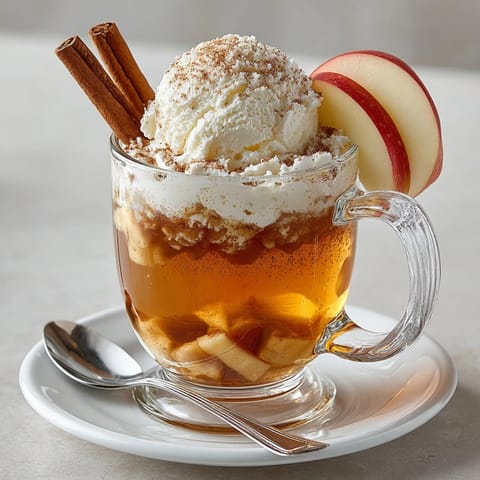 Warm rebel float apple cider topped with creamy cinnamon ice cream and dusted with ground cinnamon, ready to enjoy.