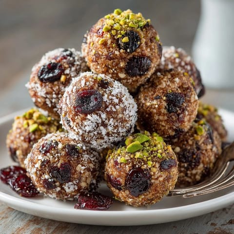 Close-up of Cherry-Coded Chocolate Energy Bites with Pistachios, featuring gooey cherries and crunchy pistachio coating.