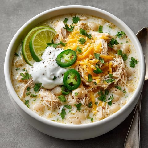 Creamy Crockpot White Chicken Chili with secret ingredient beans in a bowl, garnished with shredded cheese.