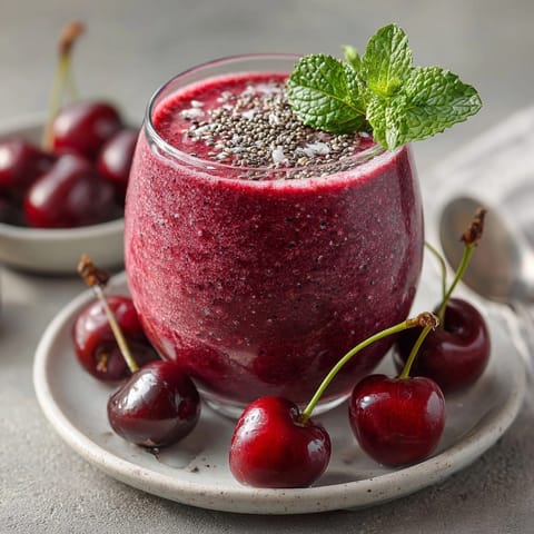 Thick, creamy Cherry-Coded Holiday Protein Smoothie with Greek Yogurt blending tart cherries and rich vanilla flavor