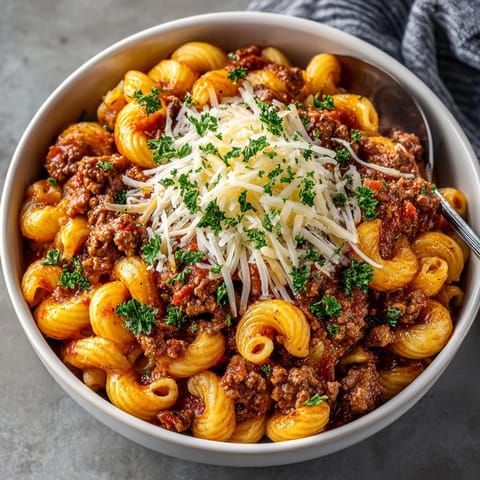 A close-up of flavorful Grandma's Goulash, the perfect family recipe with tomato sauce.