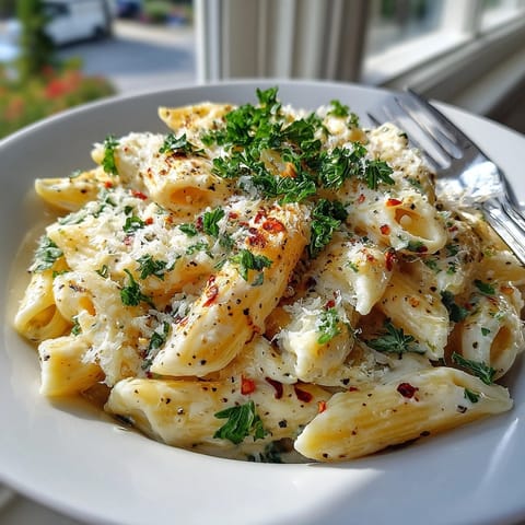This photo shows creamy, cheesy Creamy Garlic Penne Pasta, a quick and easy weeknight dinner.
