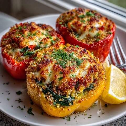 Beautifully presented Quinoa Stuffed Bell Peppers, brimming with savory quinoa and garden vegetables, ready for a comforting dinner.