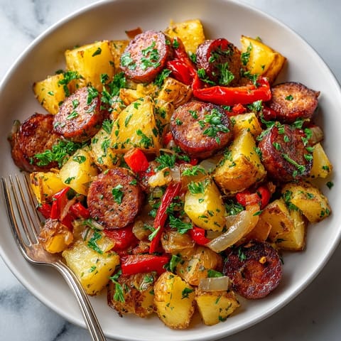 Golden-brown sausage and potato hash, served piping hot, a comforting American breakfast or brunch.