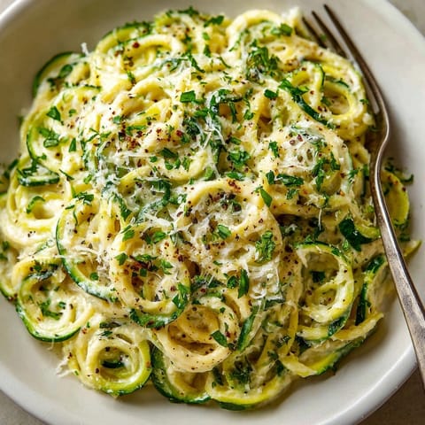 Creamy Garlic Parmesan Zucchini Noodle Alfredo twirled on a fork, ready for a light Italian meal.
