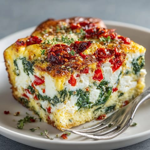 Freshly sliced Breakfast Casserole with Spinach and Feta served hot for a cozy morning meal.