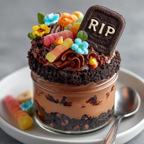 Sweet vegan graveyard chocolate mousse cups are chilling, ready for cookie tombstone decorations.