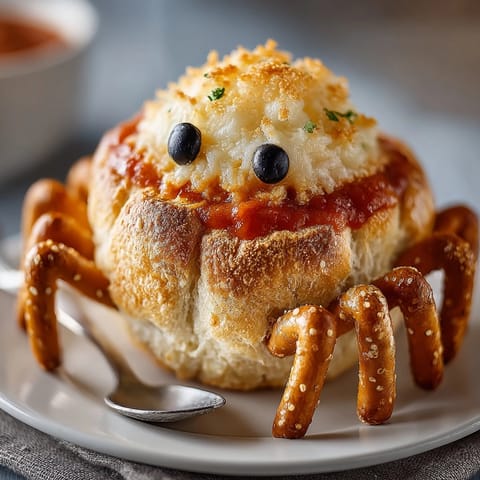 Festive Spider Bread Bowl with Tomato Soup Dip for a flavorful, creepy Halloween feast.