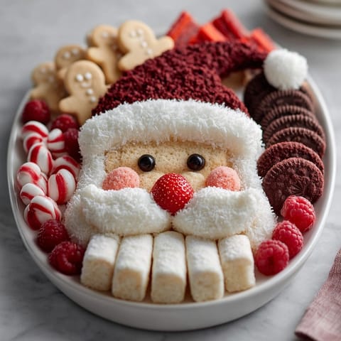 Close-up of a Santa &quot;Charcuterie&quot; Cookie Platter, showing vibrant strawberries and coconut beard.