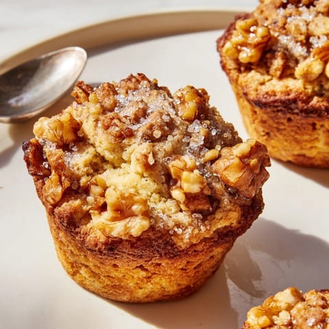 Warm, homemade Ricotta Walnut Crunch Muffins, speckled with walnuts and coarse sugar crystals.