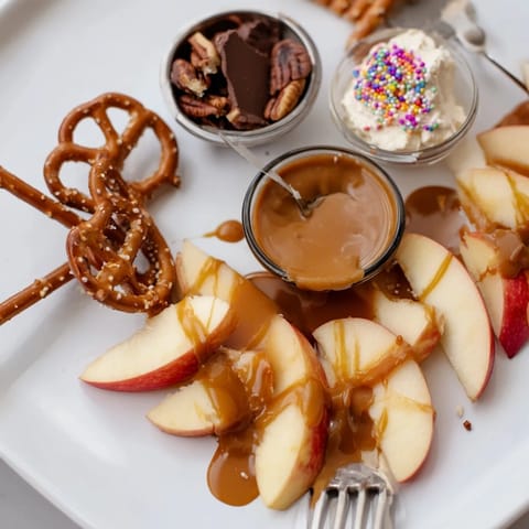 Indulge in a Caramel Apple Charcuterie Board with salty pretzels and rich dips.  