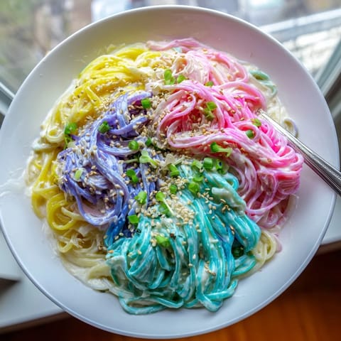 Whimsical Neon Noodle Cloud bathed in creamy sauce, perfect for family gatherings.  