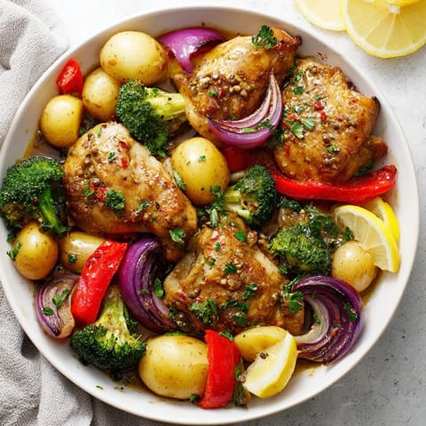 Aromatic Lazy Gourmet Chicken & Vegetable One-Pot with vibrant veggies and herbs.  