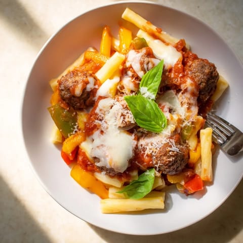 One-pan Italian Meatball Pasta Skillet simmering in rich tomato sauce, perfect for families.  