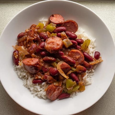 A close-up of a flavorful Creole Red Beans & Rice dish with vibrant green garnishes.