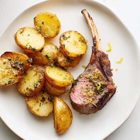 Succulent herbed lamb chops sit next to fluffy roasted potatoes, ready for a savory, gluten-free meal.