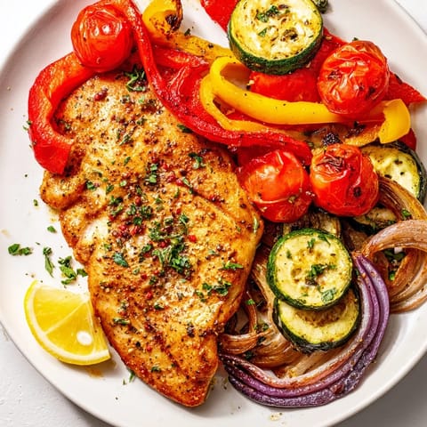 Close-up of juicy, cooked Lemon Oregano Chicken Cutlets next to vibrant, roasted Mediterranean vegetables.