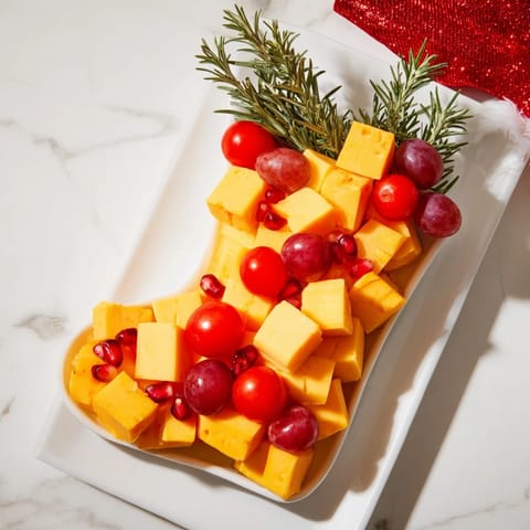 Festive Christmas Stocking Snack Tray, filled with a delightful mix of cheese cubes, grapes, and crackers for a snack.