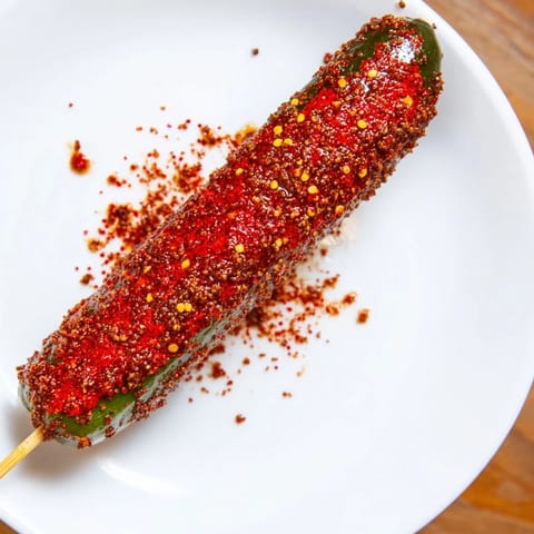Vibrant Mexican-inspired Chamoy-Tajín pickle sticks: tangy, sweet, and coated in zesty Tajín seasoning.