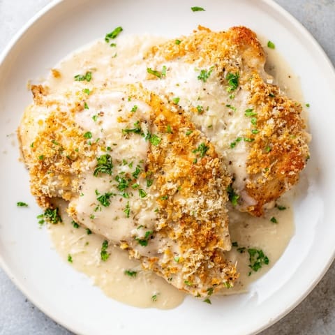 Sizzling crispy chicken with garlic cream sauce, with a rich sauce drizzled over golden chicken.