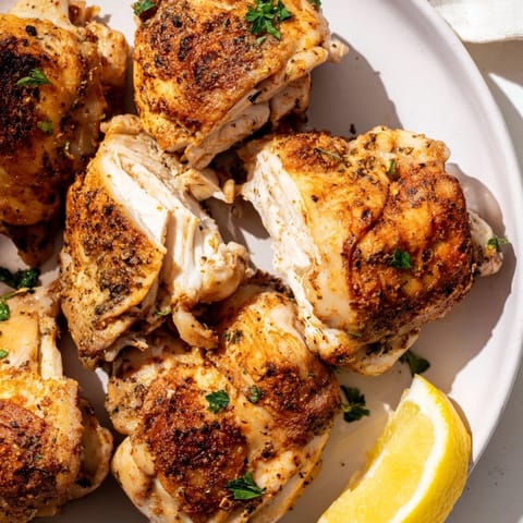 Enjoy a close-up image of tender Greek Yogurt Chicken, sizzling and ready to eat, garnished with parsley.