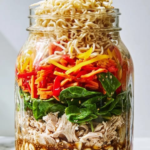 Layered mason jar noodle meal prep showcasing vibrant vegetables and perfectly cooked noodles.