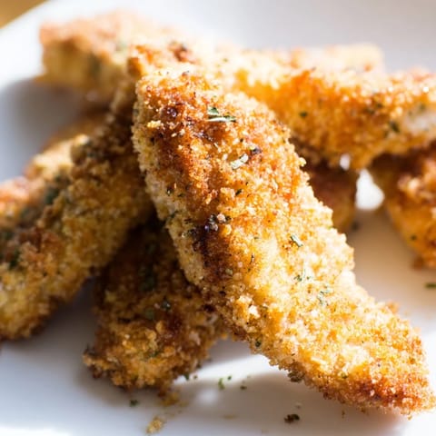 Perfectly baked Crispy Panko Chicken Strips served with a dipping sauce and fresh lemon wedges.  
