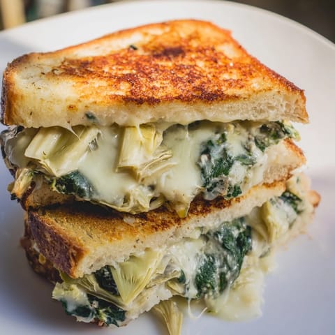Spinach Artichoke Grilled Cheese with melty mozzarella, crisp sourdough, and a side of tomato soup on a cozy table.