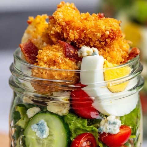 This portable Crispy Chicken Cobb Jar Salad features smoky bacon, hard-boiled eggs, and a tangy homemade dressing in a mason jar.