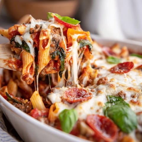 A close-up of the baked pasta dish shows its rich tomato sauce, whole wheat penne, and fresh basil garnish ready to serve.  