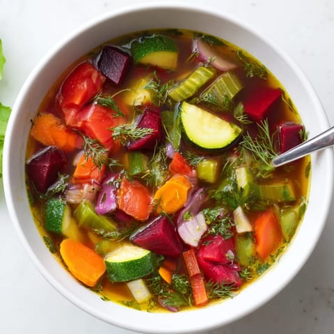 A close-up view of colorful Rainbow Vegetable Detox Soup, highlighting tender vegetables and herbs in a rich, aromatic broth served hot.