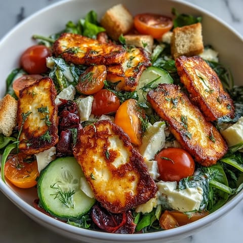 Halloumi Blood Orange Fattoush: golden halloumi, citrus, and crisp croutons in a bright salad.