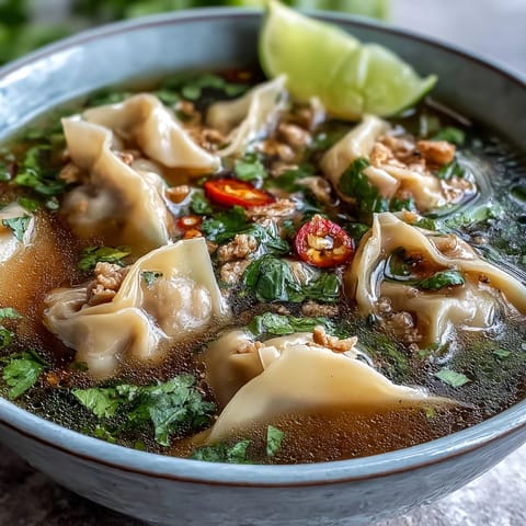 A steaming bowl of Tom Yum Wonton Soup, bursting with zesty lemongrass and chili.