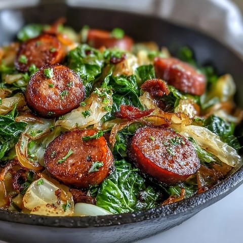 Golden-brown smoked sausage slices glisten next to tender, wilted cabbage in this hearty Smothered Cabbage With Sausage Skillet served straight from the pan.