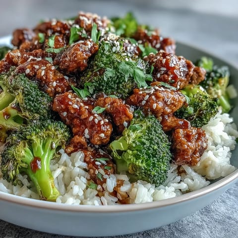Colorful bowl of Sweet and Spicy Turkey Broccoli Bowls topped with fresh green onions and sesame seeds.